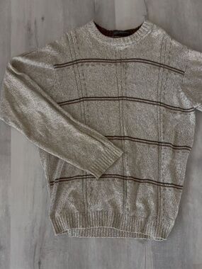 Vintage Men’s Crewneck Sweater in Light Beige with Brown Stripes